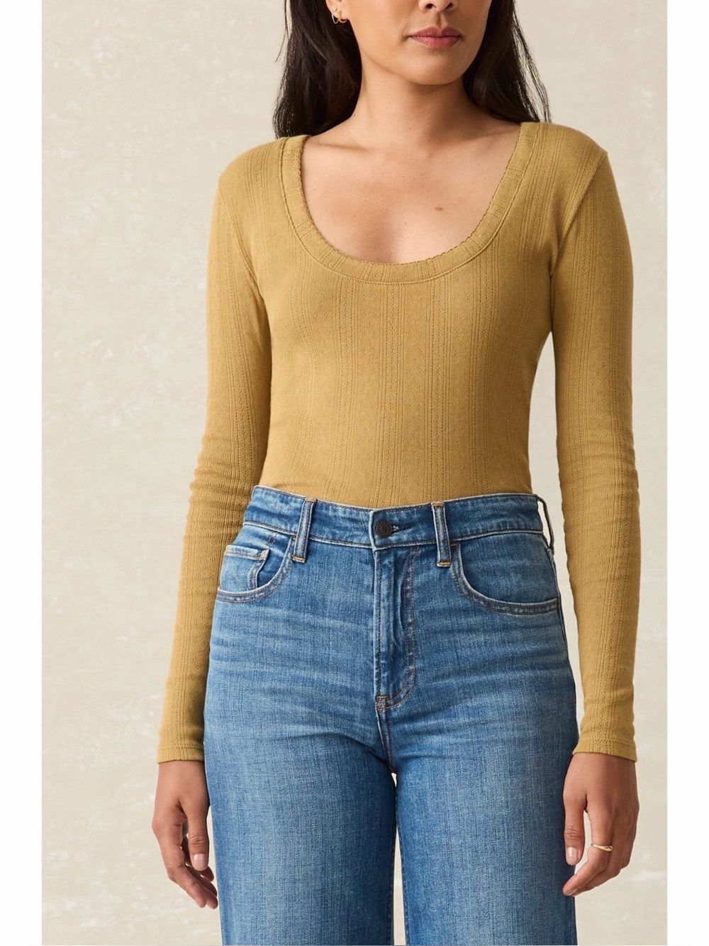 Faherty Pacific Pointelle Scoop Neck Long Sleeve Tee in Antique Bronze Yellow